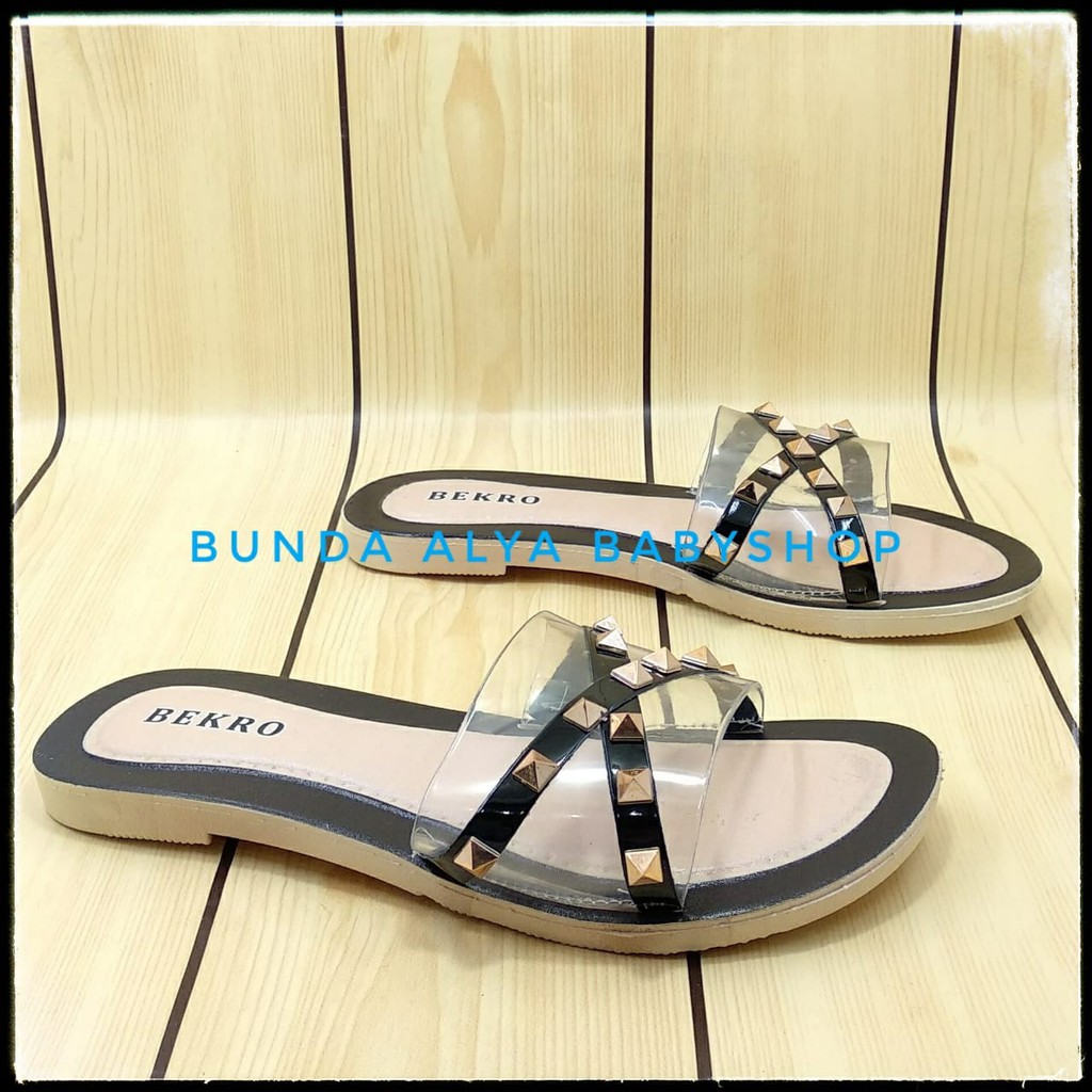 Sandal Wanita Slop Flat Size 36 - 40 HITAM - Sendal Selop Transparan Sandal Flat Wanita OpenToe SALE