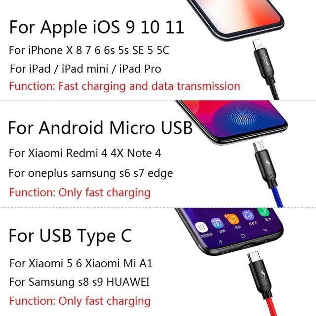 Baseus 3 in 1 Cable Micro iPhone Lightning Type C Kabel Data Charger Primary 3in1 Fast Charging 3.5A