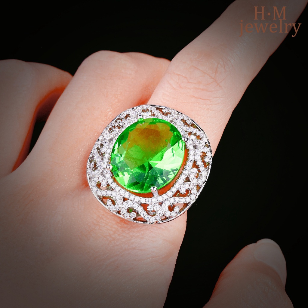 Cincin Berlian Zircon AAA Warna Hijau Rumput Model Terbuka