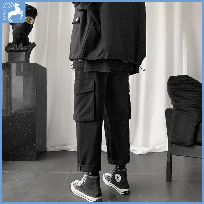 Celana cargo panjang pria Cargo pants pria Celana cargo hitam Celana gombrang pria korean style loose pants pria