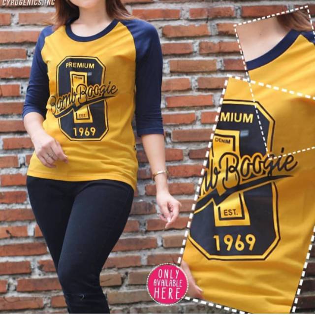 Kaos/raglan wanita body kuning mustard lengan navy