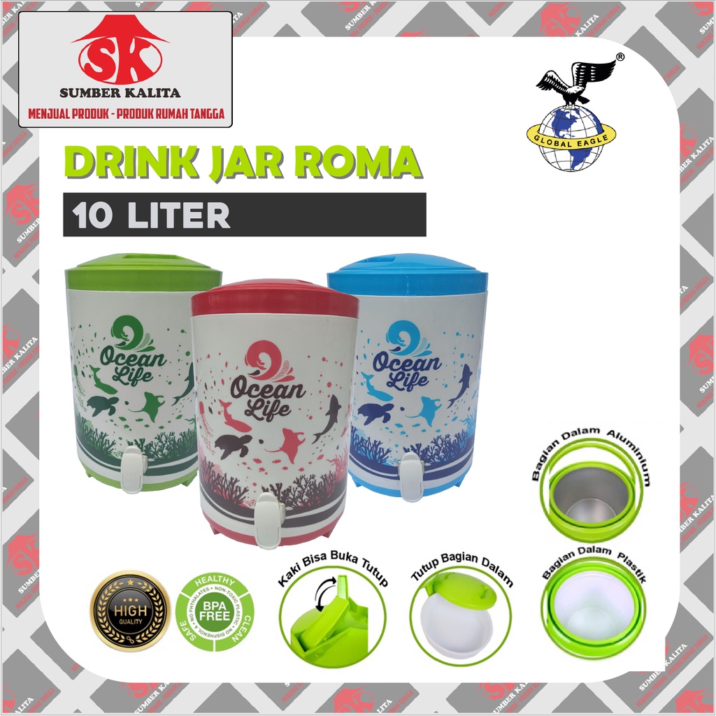 Drink Jar Roma 10 Liter Panas Dingin Inner Alumunium Global Eagle WARNA CHAT DULU