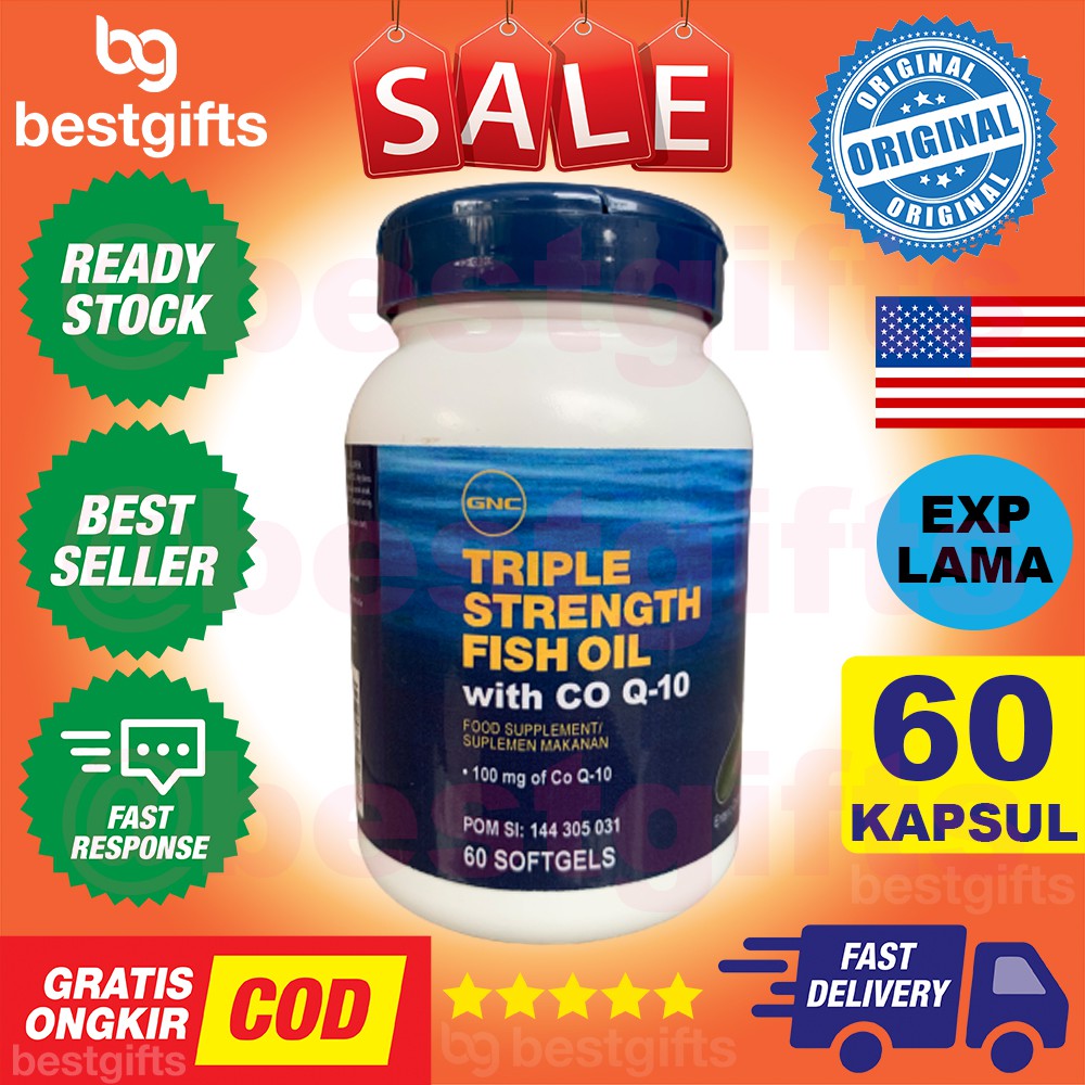 GNC TRIPLE STRENGTH FISH OIL WITH COQ10 OMEGA 3 MINYAK IKAN CO Q10 KOLESTEROL SENDI STROKE 60 KAPSUL