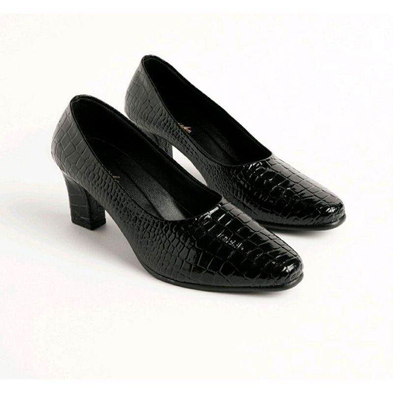 Bisa COD / Higheels Sepatu Hak Tinggi Wanita Big Size 35-43 Slop Heels 7cm Black / Pantofel Croco Leanther Hitam Elegant Emoris, 44