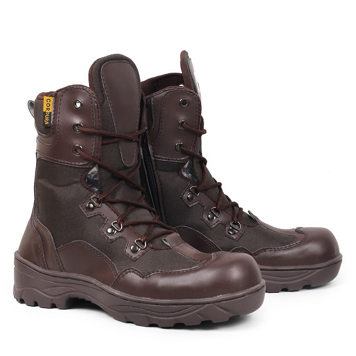 MS Shop - Sepatu Safety Boots Pria Crocodile Indicator Tinggi Coklat PDL Sleting Boot Outdoor Kerja