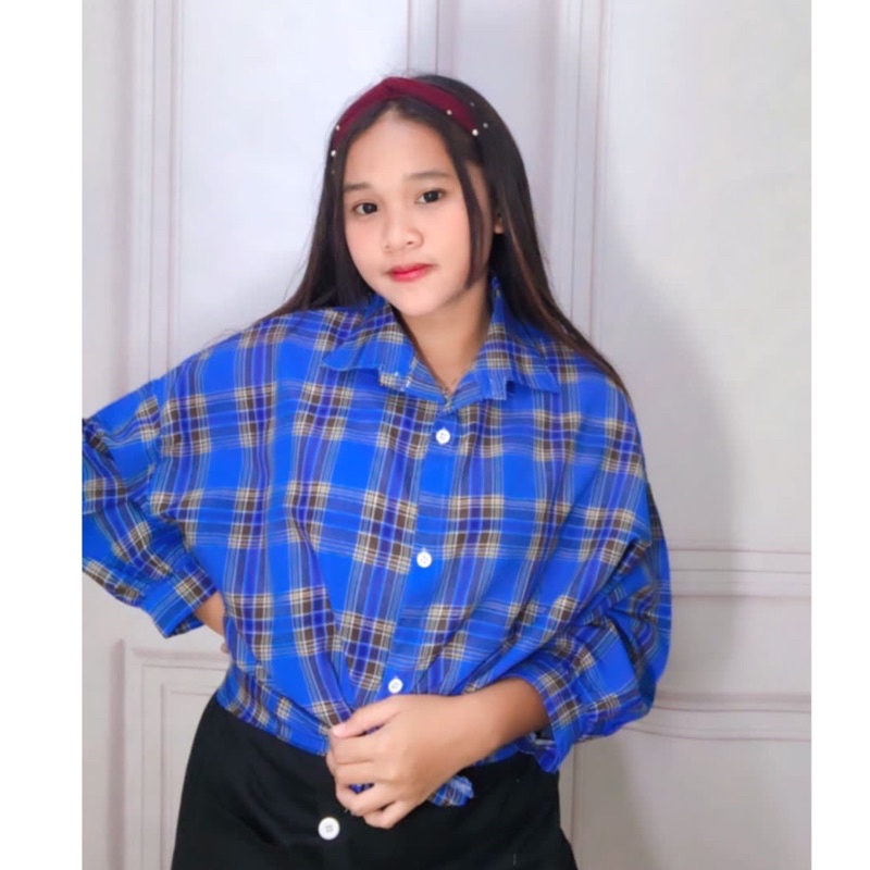 IOS SHOP - Kate Kemeja Katun Impor Casual Wanita Korea Fashion Girls Atasan Lengan Panjang Kotak Kotak-5