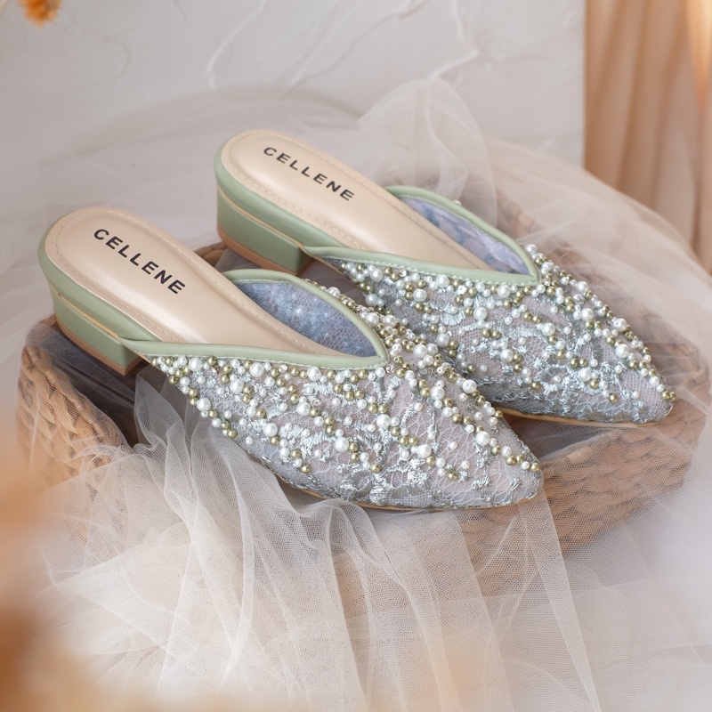 𝗖𝗘𝗟𝗟𝗘𝗡𝗘 Agypt Beads Heels 3cm (9 warna ETALASE 1) Wedding shoes selop brukat payet mutiara