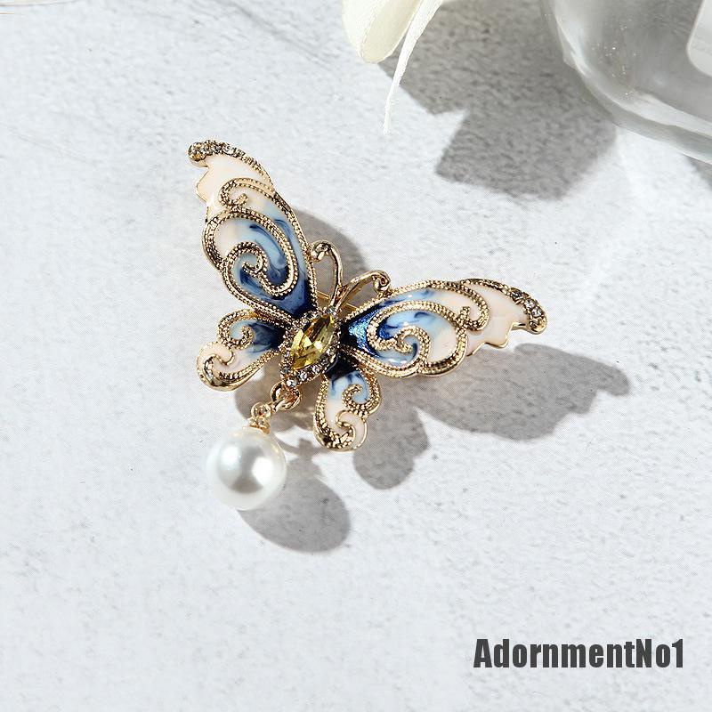 (Adornmentno1) Bros / Pin Butterfly Enamel Hias Mutiara + Berlian Imitasi Untuk Wanita