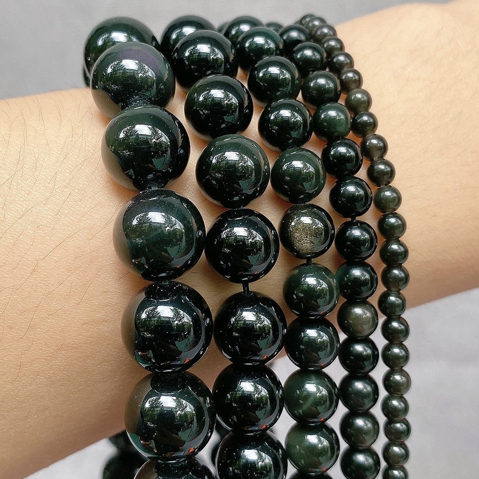 Manik-manik Batu Obsidian Hitam Alami Bentuk Bulat Ukuran 4 / 6 / 8 / 10 / 12mm Untuk Membuat Perhiasan Gelang Kalung DIY