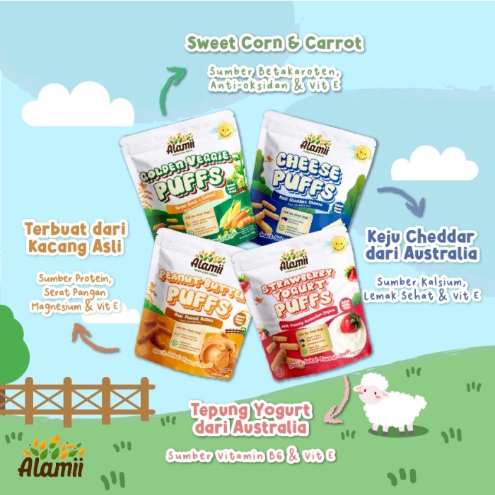 Castle - Alamii Puff Snack Bayi dan Anak Cemilan Mpasi 25gr - Peanut Butter - Strawberry Yogurt - Cheese - Golden veggie