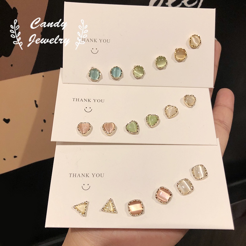 Candy Jewelry Fashion Geometric Crystal Opal Earring Colorful Round Heart Stud Earrings Triangle Square Ear Studs for Women Pink Green