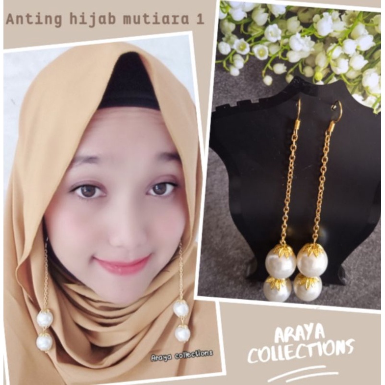 Sepasang anting hijab juntai mutiara double