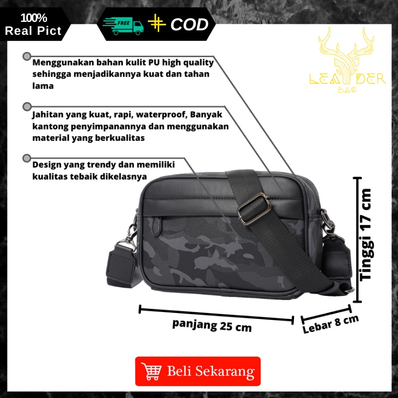 Tas Selempang Kulit Pria Original Waterproof Warna Hitam Loreng Atau Tas Kulit Slingbag Jalan Cowok Terbaru Ori Keren Import Motif Simpel Berkualitas ORIGIN B53