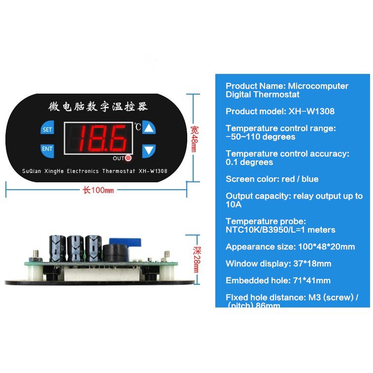 XTWH-W1308 thermostat mini dalimentation 12V bleu numérique 