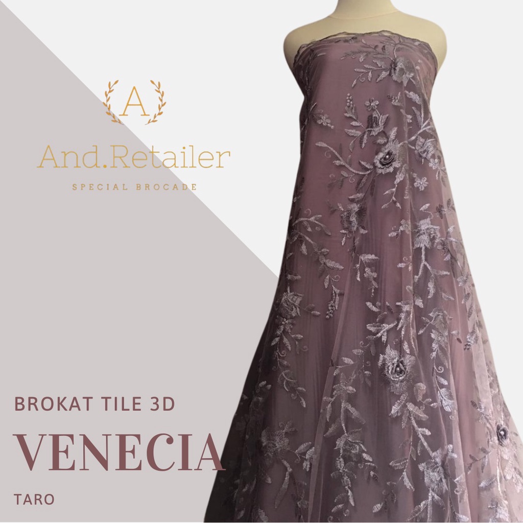 Bahan Kebaya Premium Brokat Tile 3D Bunga Timbul Venecia warna Taro