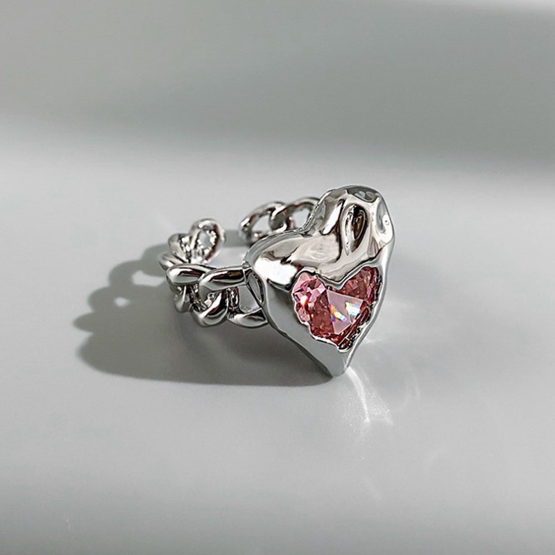 Cincin Model Terbuka Desain Hati Asimetris Hias Kristalzircon Warna Pink Untuk Wanita