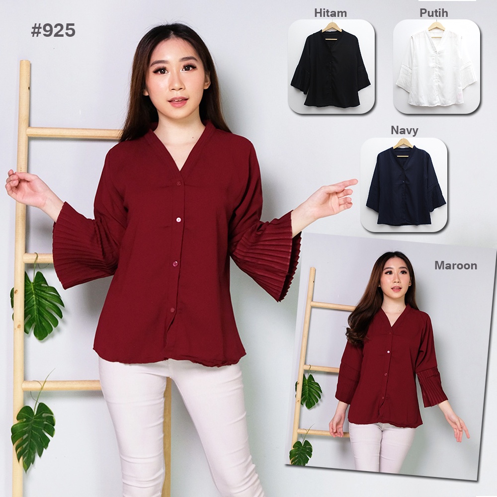 JakartaFashion - Blouse plisket lengan terompet bukaan kancing depan v-neck busui elegan atasan top