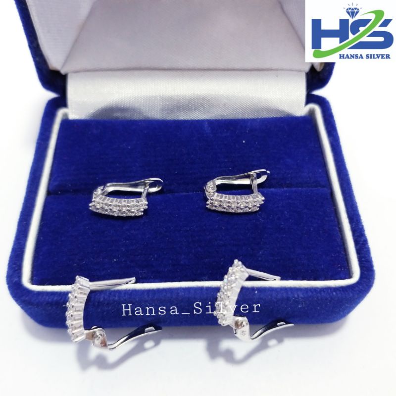 Anting Perak Asli Silver 925 Lapis Emas Putih Model Jepit Dua Baris Permata - Anting Wanita Anti Karat