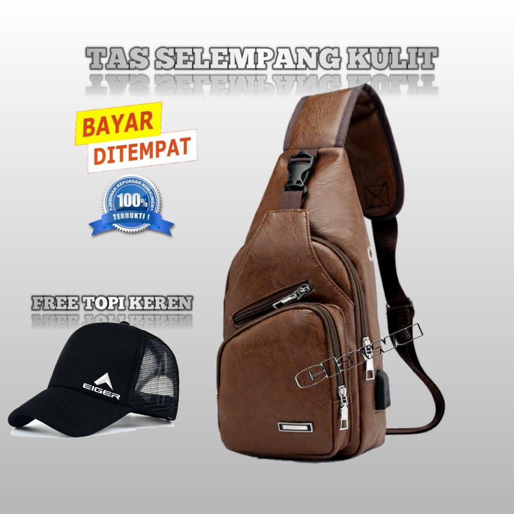 Tas selempang pria kulit distro keren anti air original dan murah free topi Keren