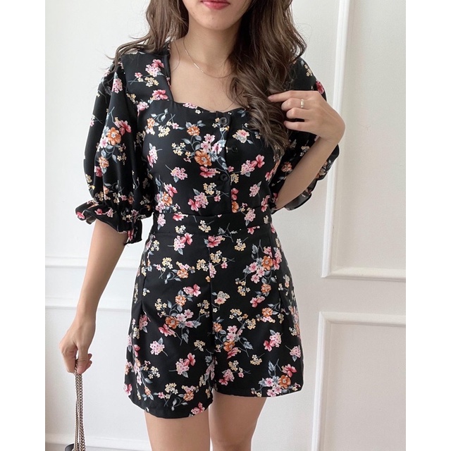 HERFIT set flowy karen / 8996 / setelan bunga-Hitam