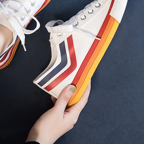 ✷ MFI Sepatu Sneakers Wanita Import Korea Warna Putih Model Flat Shoes Kanvas List Biru dan Merah KB