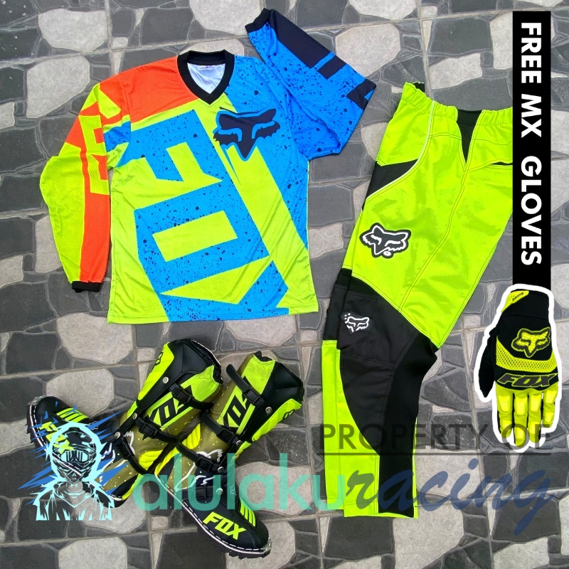 Jersey, Celana, Sarung Tangan &amp; Sepatu Fullprint with Protectors Fullset MX Trail Motocross - Paket Bundling FOCTFG080404-F44