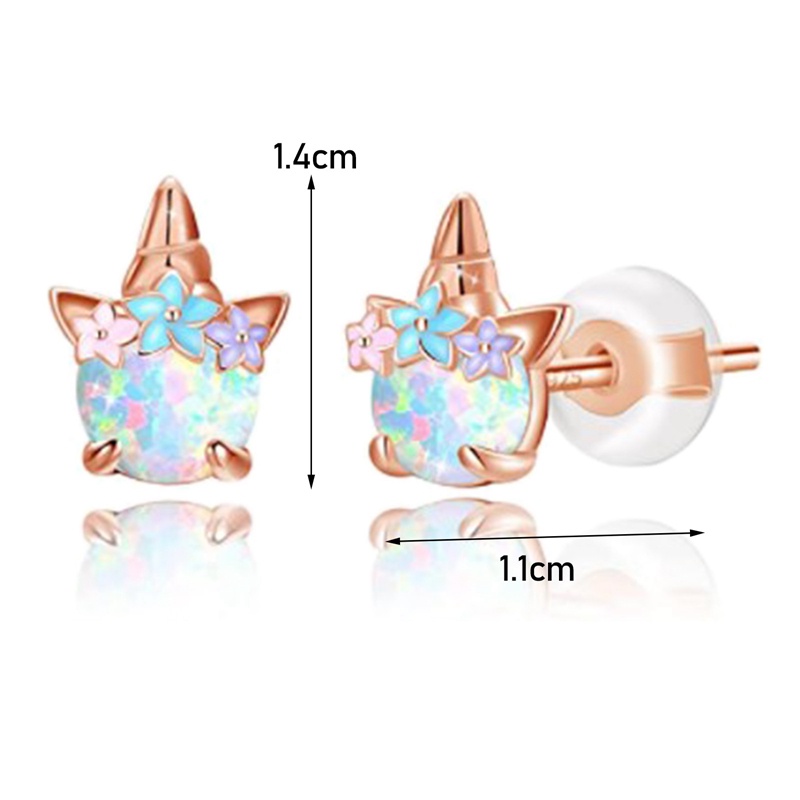 Anting Stud Hypoallergenic Desain Unicorn Opal Bahan 925 Sterling Silver Warna Rose Gold Untuk Wanita