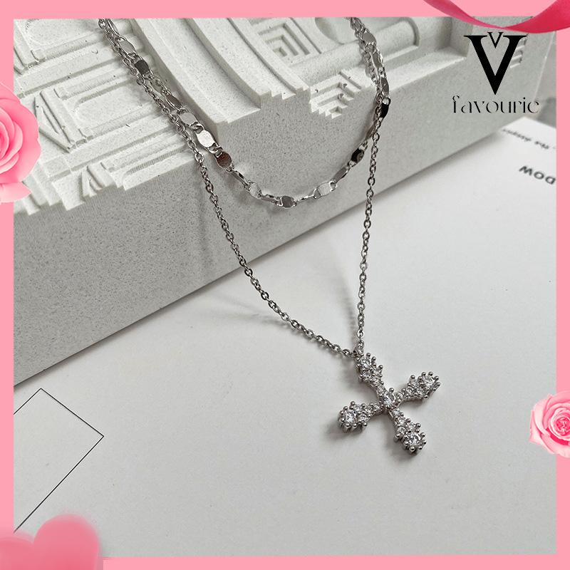 [COD]Hip Hop Cross Double Layer Necklace Feminin Fashion Micro Inlaid Zircon Pendant-FA