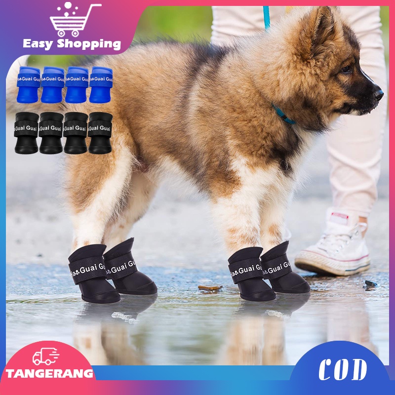 4pcs Sepatu Anjing Hujan Tahan Air Anti Slip Sepatu Boots Anjing Kucing Sepatu Kucing Anti Air Hujan