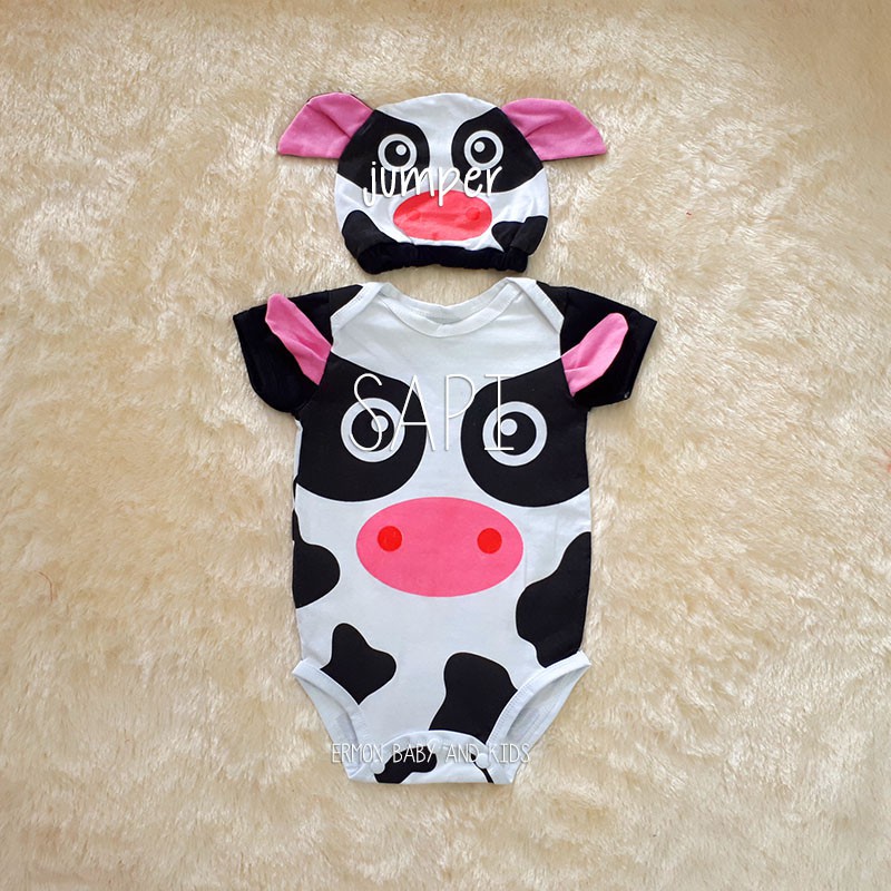 Ermon Baby - Jumper Bayi Laki Laki Perempuan Jumper Baby Cowok Cewek Lucu Karakter Sapi + Topi Usia 0 - 12 Bulan