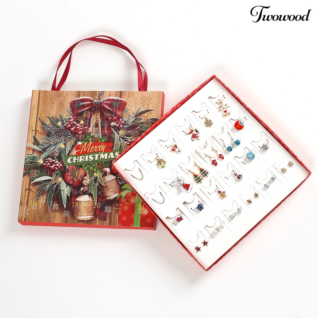 Twowood 1 Set Jewelry Advent Calendar Christmas Tree Elk Pendant Decoration Girls Christmas Element All Match Necklace Earrings Ear Studs for Party