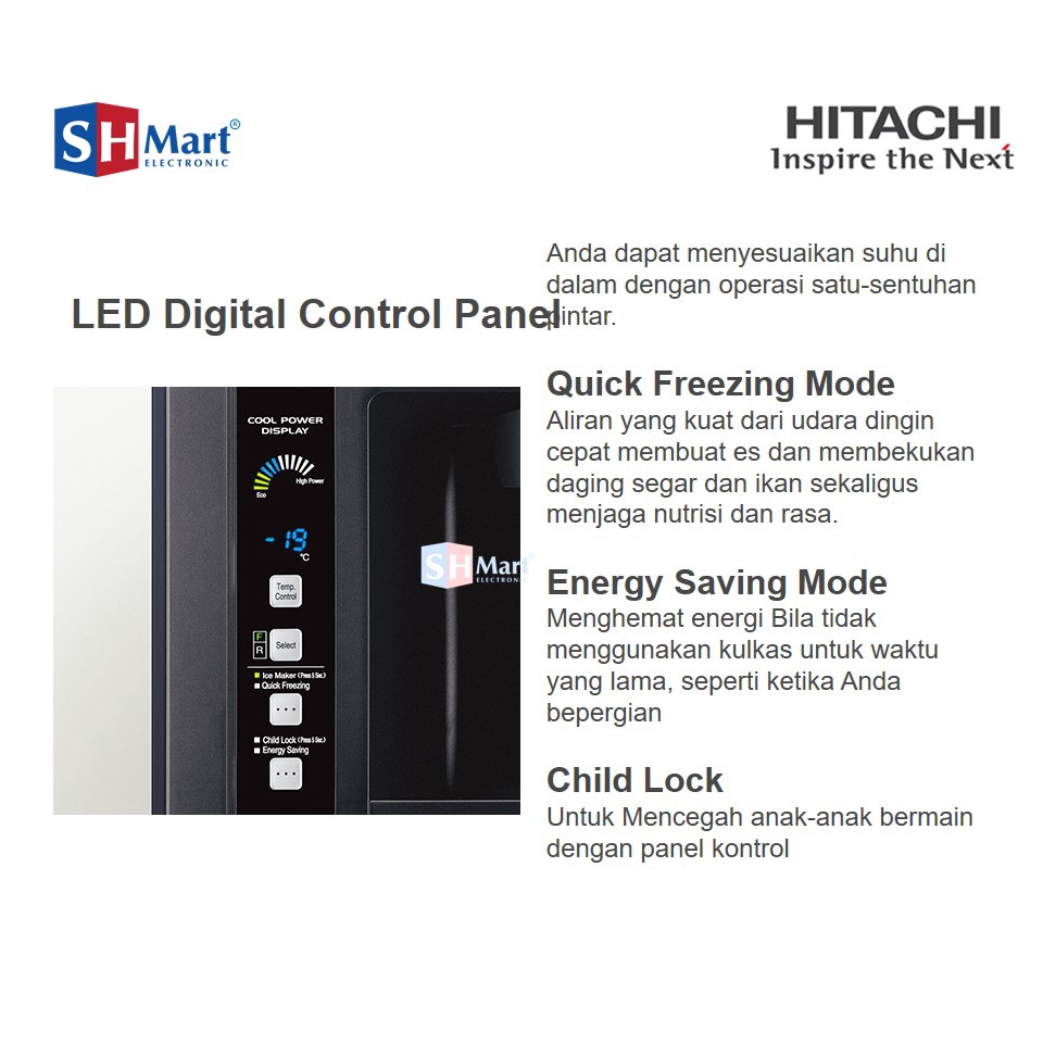 KULKAS SIDE BY SIDE HITACHI 4 PINTU KAPASITAS 510 LITER R-W61PGD4GBK / RW61PGD4 GBK INVERTER GARANSI RESMI