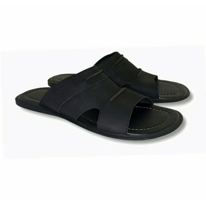 Sandal Kulit Makazi-2 Big Size 44-45-46-47 Sendal Slide Slop Size JUMBO Banget Kaki Gemuk Lebar Hitam, 47