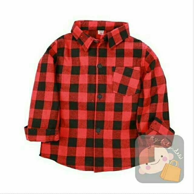 Kemeja Lengan Panjang Baju Anak Laki Laki Kotak Kotak Merah Hitam Glen M0T 23456789 Tahun