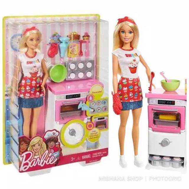 Boneka Barbie Mattel Doll Bakery Chef & Furniture  Oven Playset