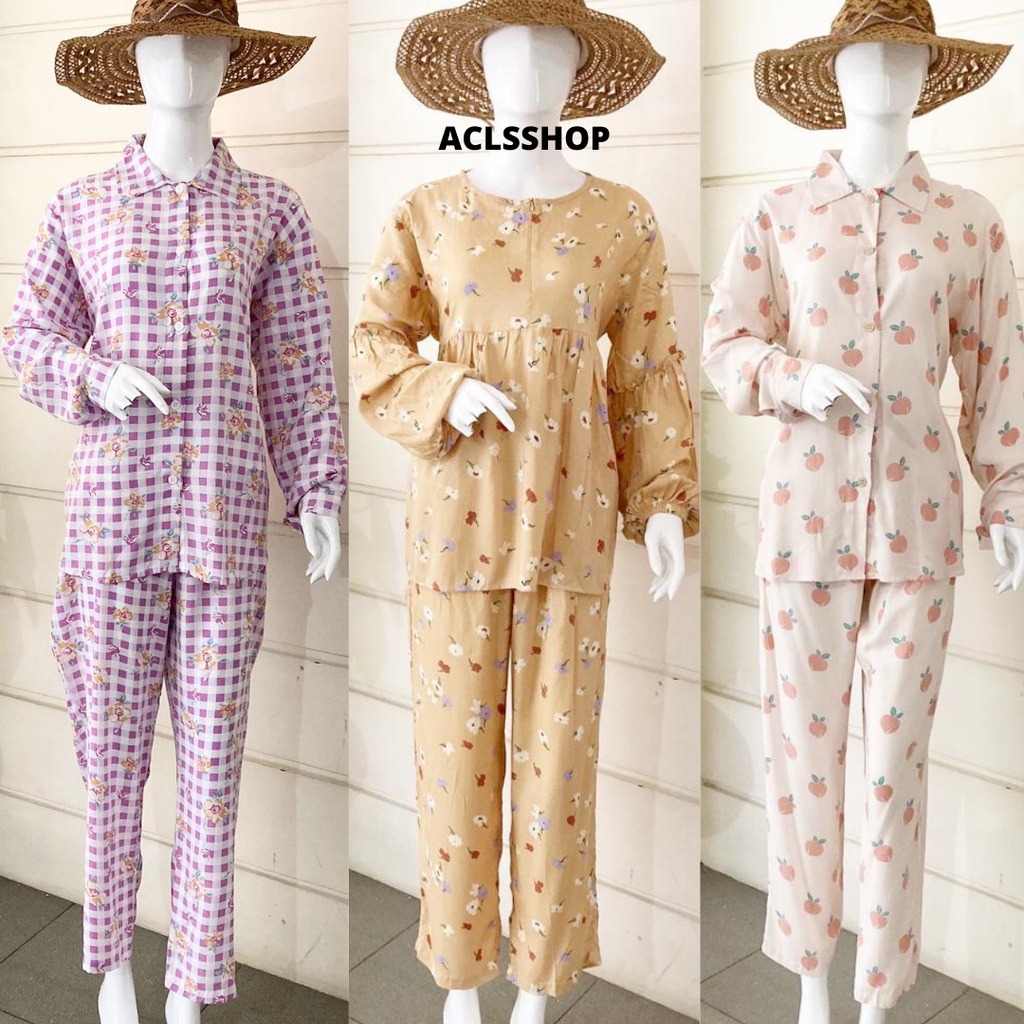 PIYAMA LENGAN PANJANG/ ONE SET PAJAMAS RAYON/ SETELAN BAJU TIDUR LENGAN PANJANG/ DASTER CELANA