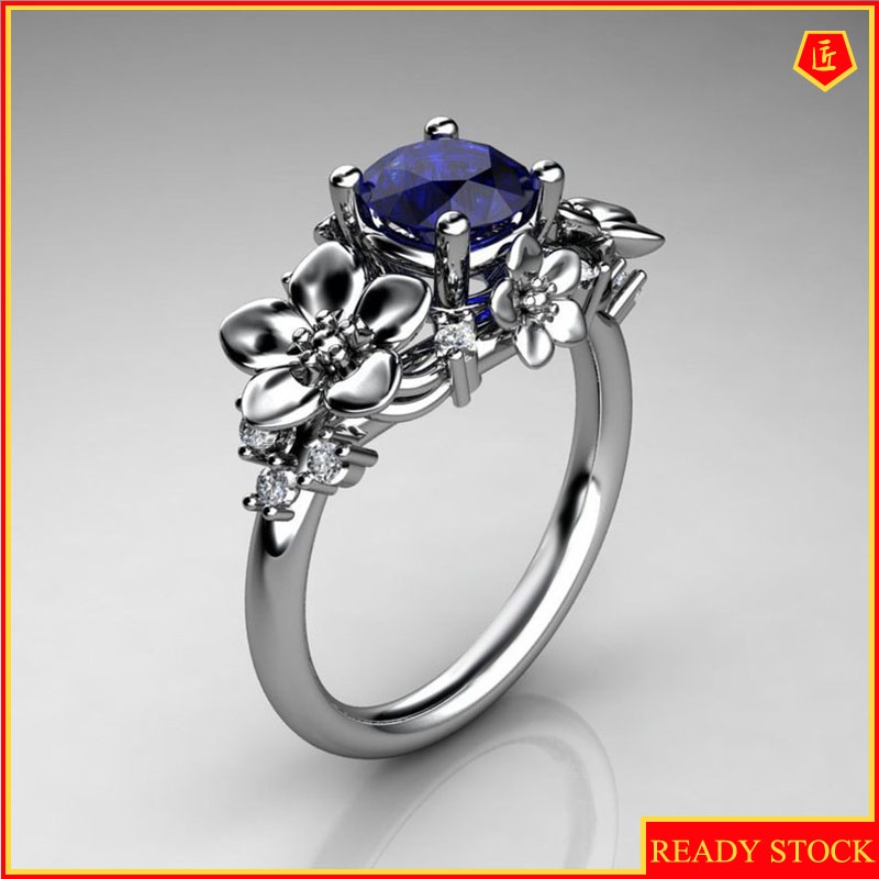 [Ready Stock]Creative Silver Inlaid Sapphire Flower Ring