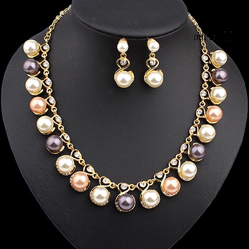 OW@ Women Faux Pearls Rhinestone Chain Necklace Earrings Wedding Bride Jewelry Set