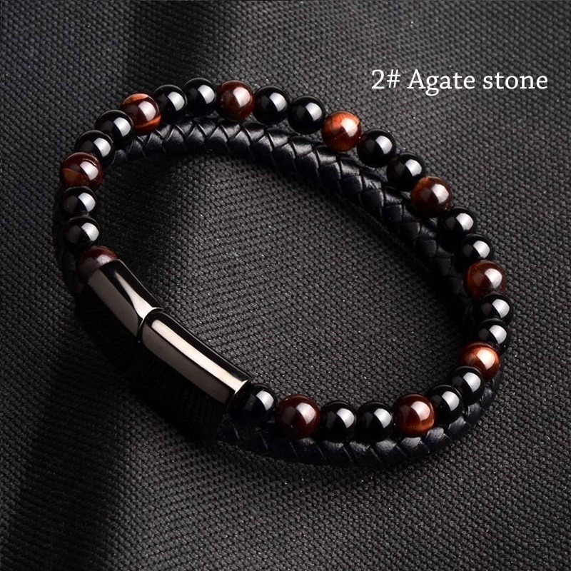 Gelang Tangan Kulit Hitam Aksen Manik-Manik Stainless Steel Untuk Pria