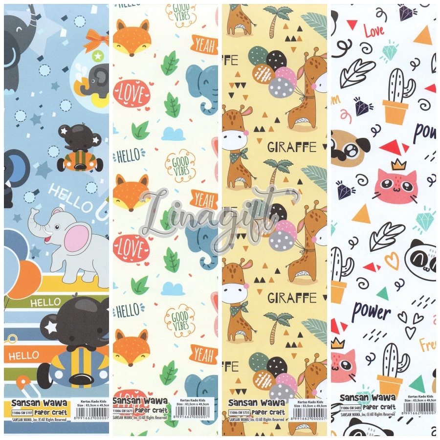 ( 5 Lembar ) CUTE ANIMAL SANWA - KERTAS KADO CIRCUS - GIFT WRAP PAPER SANSAN WAWA ZOO LION ZEBRA TIGER GIRAFFE PUPPY DOG ELEPHANT MONKEY ZOO