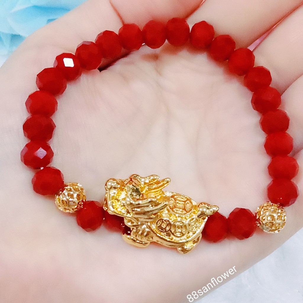 Gelang Kristal Naga Emas keberuntungan Kristal Merah Marun -Pixiu Tebal Mewah Kristal Maroon