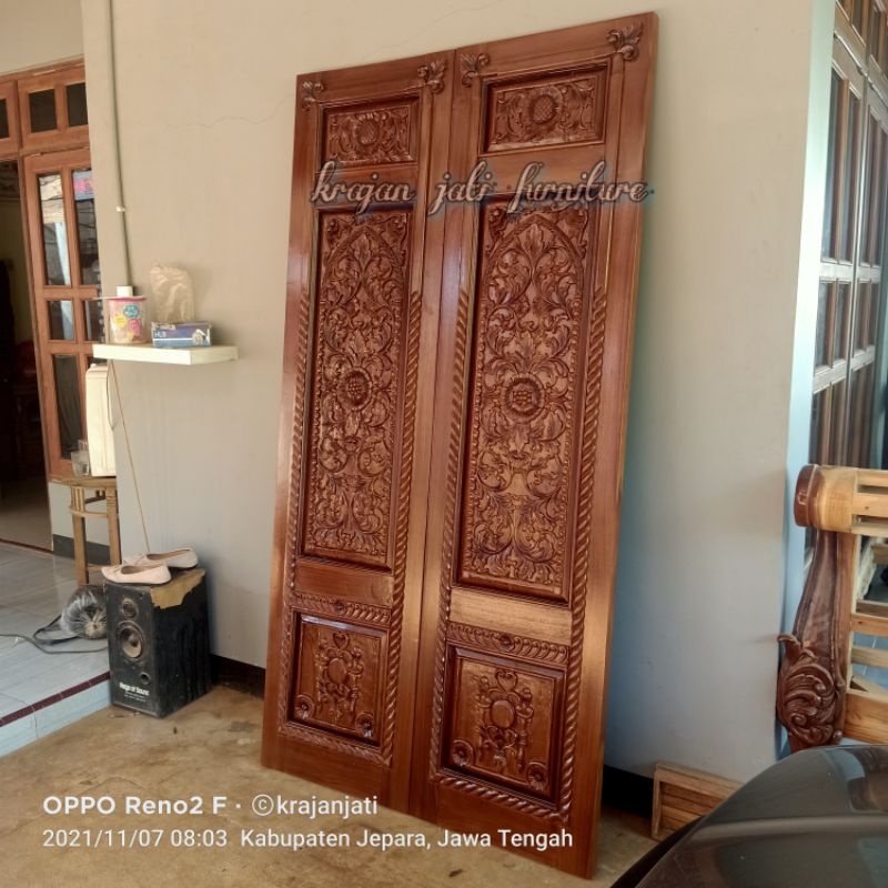 pintu rumah kupu-kupu jati ukir flamboyan/pintu/kusen/jendela