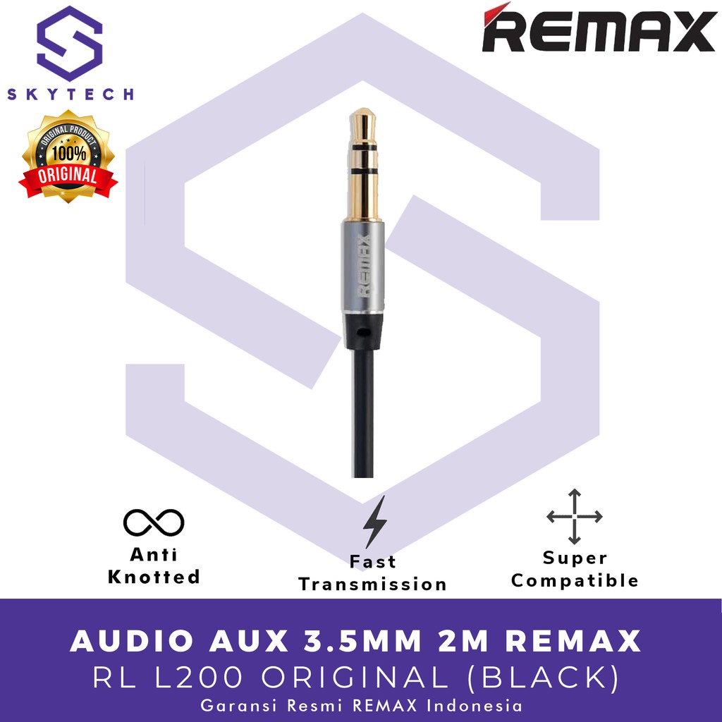 KABEL AUDIO AUX 3.5MM 2M REMAX BLACK RL L200 ORIGINAL GARANSI RESMI