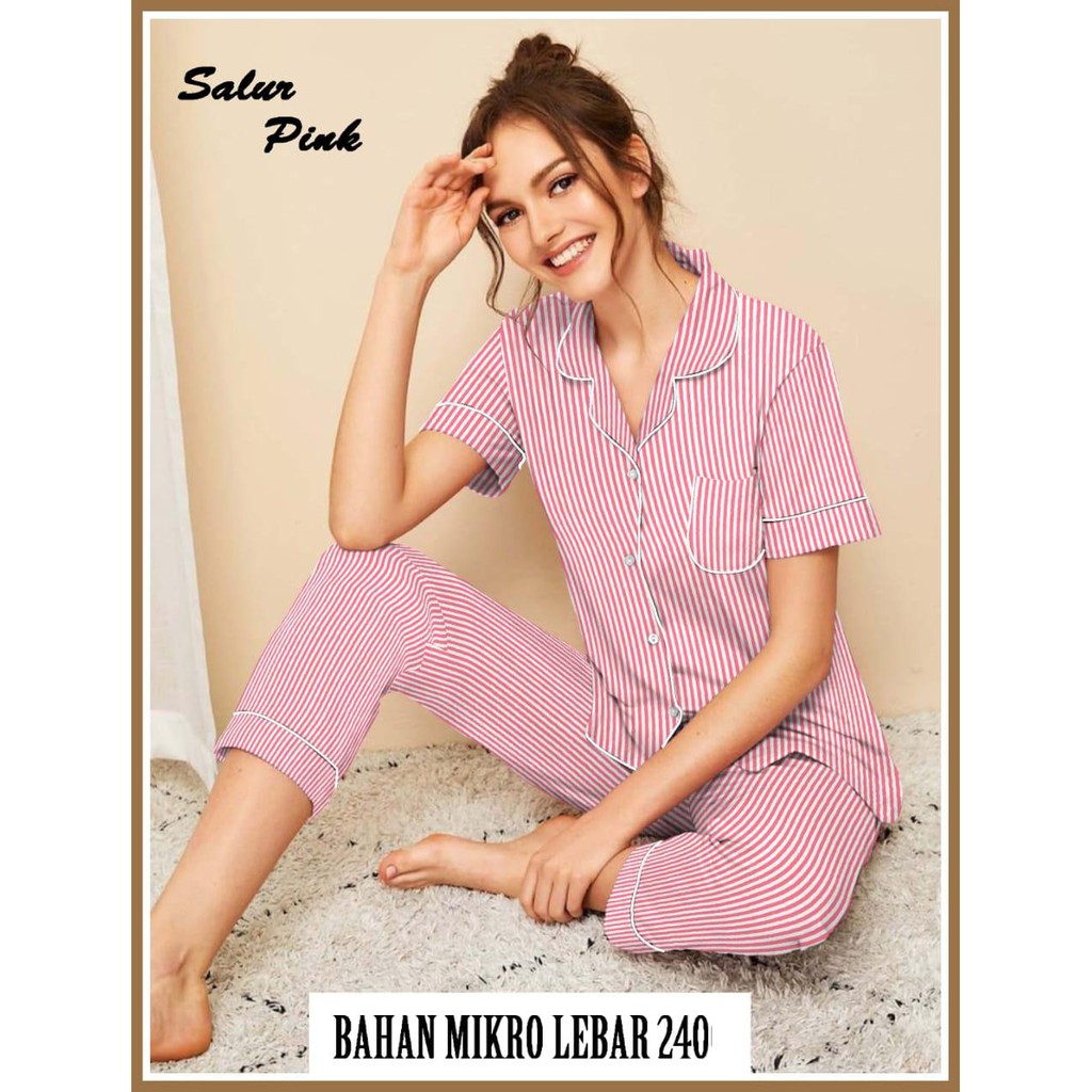 BJ-Piyama CP Wanita Dewasa Salur - Baju Tidur Lengan Pendek