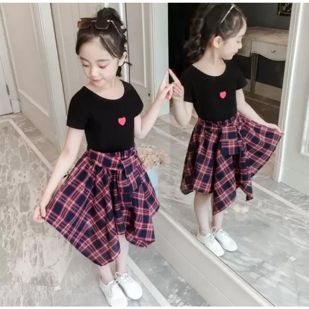 Promo !! Setelan bestseller anak cewek / setelan love twist tartan ukuran 1-3tahun / Setelan baju anak import