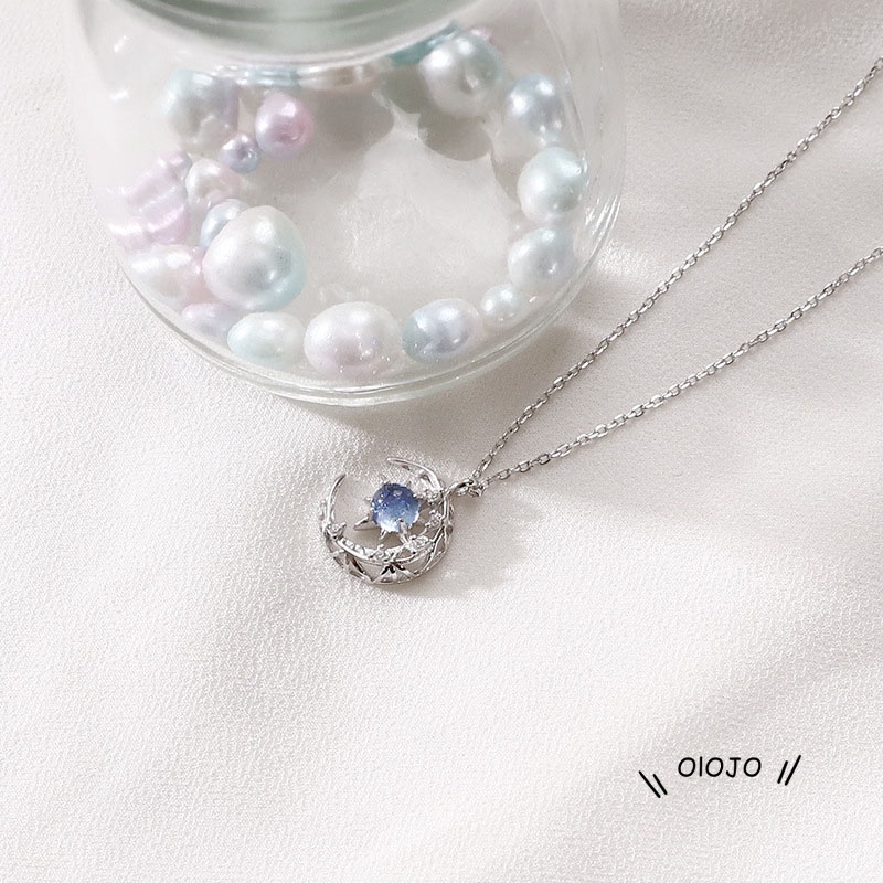 【COD】Kalung Liontin Bulan Bintang Biru Model Hollow Gaya Korea Untuk Wanita