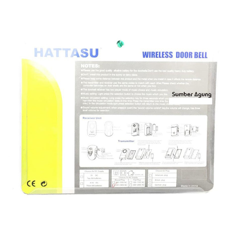 Wireless Door Bell Hattasu Bel Rumah Tanpa Kabel 2 Remot Portable