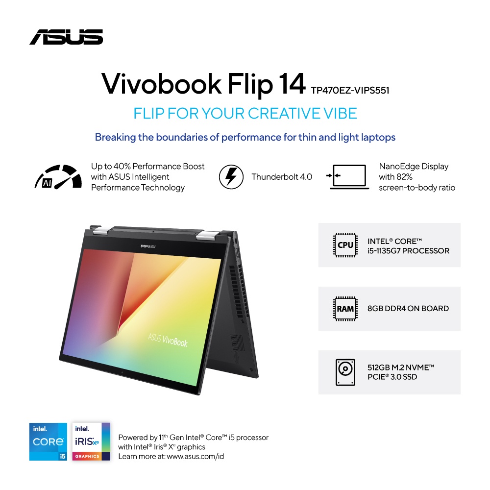 Asus VivoBook Flip 14 TP470EZ-VIPS551 /Core i5-1135G7/8GB/512GB SSD Win 11 Home