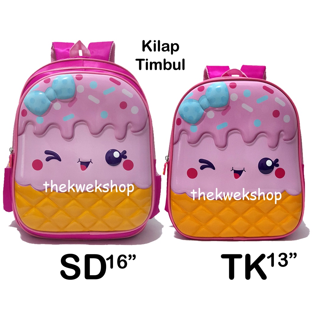 Tas Sekolah TK SD Anak Perempuan Ransel Sekolah Glossy Timbul Ice Cream Boba Unicorn Kuda Pony