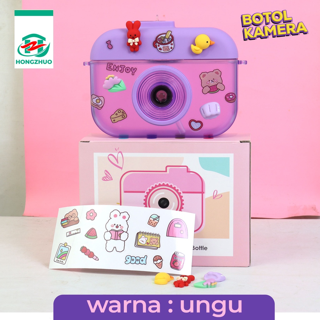 Hongzhuo Camera Bottle / Botol Kamera Unik / Botol Minum Anak Free Sticker Karakter 400ml BPA FREE-Ungu